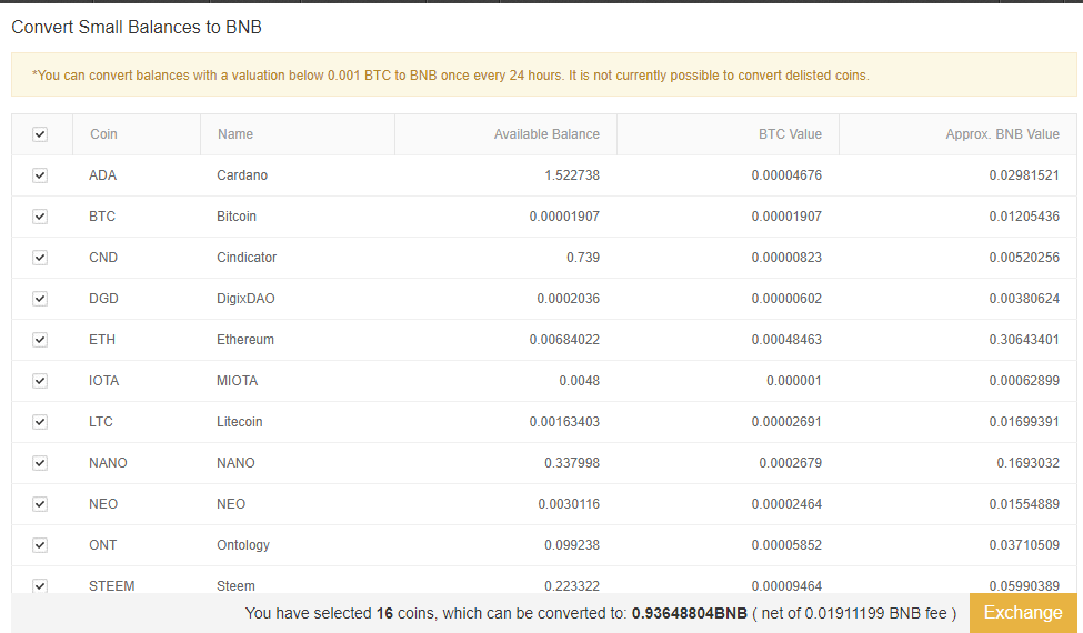 convert small balances to BNB tokens