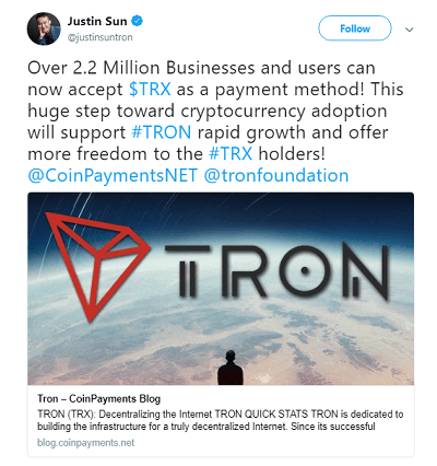   Tron (TRX) is now accessible to over 2.2 million businesses and users through CoinPayments 