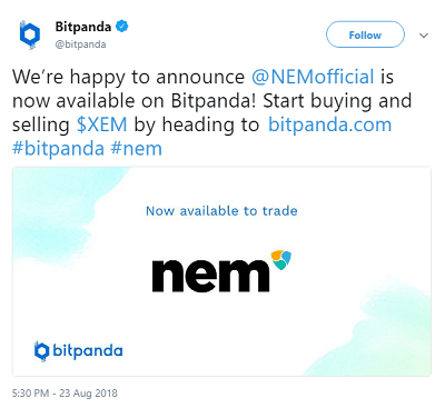 We’re happy to announce NEMofficial is now available on Bitpanda