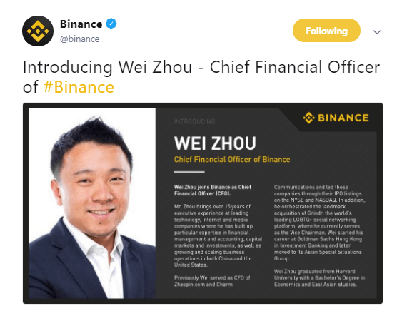 Binance Hires Wall Street Specialist Wei Zhou as CFO Read more httpscryptovest.comnewsbinance-hires-wall-street-specialist-wei-zhou-as-cfo 