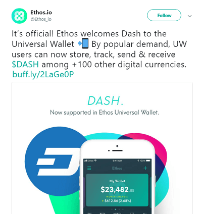 Ethos welcomes Dash to the Universal Wallet