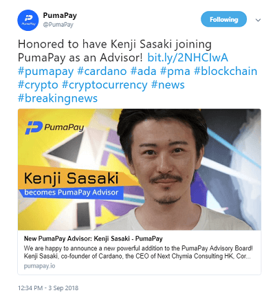 Kenji Sasaki is the new advisor of PumaPay