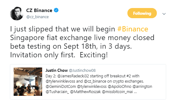 binance to open FIAT exchanege in Singapore