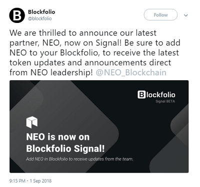 neo is now on blockfolio signal