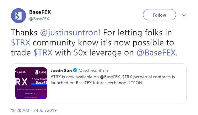 BaseFEX listed Tron with 50x leverage trading