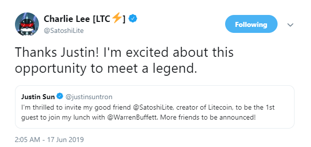 Charlie Lee accepts invitation to join Justin Sun