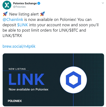 Poloniex lists Chainlink (LINK)